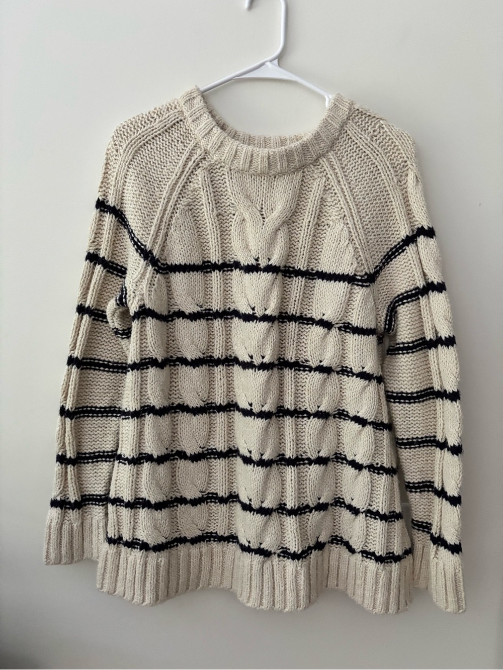 J. Jill Cream Cable Knit Crewneck Sweater with Black Stripes